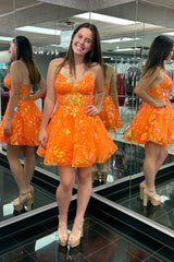 Misshow Sparkly Orange Spaghetti Straps A Line Short Homecoming Dress/Mini Dress With Sequins