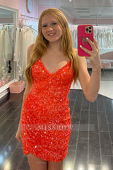 Misshow Sparkly Orange Spaghetti Straps Short Tight Homecoming Dress/Mini Dress