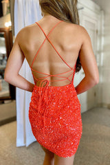 Misshow Sparkly Orange Spaghetti Straps Tight Sequin Homecoming Dress/Mini Dress