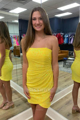 Misshow Sparkly Orange Strapless Sequins Tight Short Hoco Dress