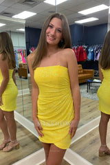 Misshow Sparkly Orange Strapless Sequins Tight Short Hoco Dress