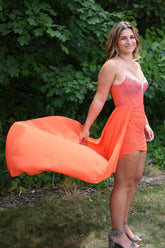 Misshow Sparkly Orange Strapless Tight Short Homecoming Dress/Mini Dress with Beadings