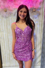 Misshow Sparkly Orchid Sequins Corset Tight Short Homecoming Dress/Mini Dress