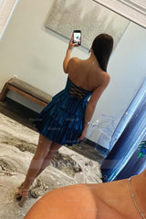 Misshow Sparkly Peacock Blue Sweetheart Ruffled Short Homecoming Dress/Mini Dress