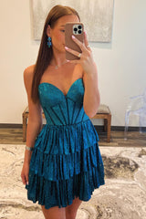 Misshow Sparkly Peacock Blue Sweetheart Ruffled Short Homecoming Dress/Mini Dress