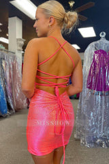 Misshow Sparkly Pink Beaded Lace-Up Back Tight Short Homecoming Dress/Mini Dress