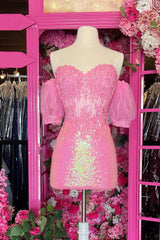 Misshow Sparkly Pink Corset Detachable Short Sleeves Sequins Tight Short Homecoming Dress/Mini Dress with Lace