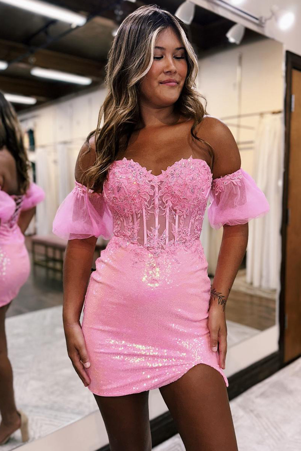 Misshow Sparkly Pink Corset Detachable Short Sleeves Sequins Tight Short Homecoming Dress/Mini Dress with Lace