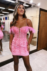 Misshow Sparkly Pink Corset Sequins Tight Short Homecoming Dress/Mini Dress With Feather