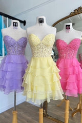 Misshow Sparkly Pink Corset Strapless A Line Short Homecoming Dress/Mini Dress with Ruffles