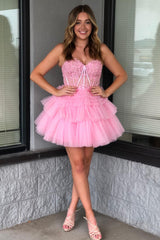 Misshow Sparkly Pink Corset Tiered Short A-Line Tulle Homecoming Dress/Mini Dress with Lace