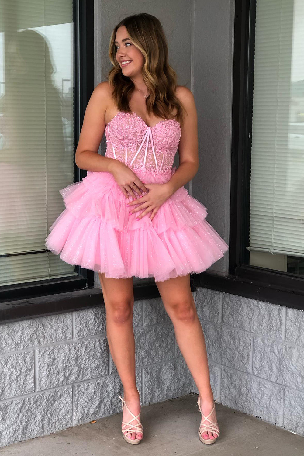 Misshow Sparkly Pink Corset Tiered Short A-Line Tulle Homecoming Dress/Mini Dress with Lace