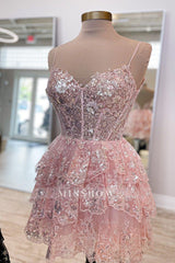 Misshow Sparkly Pink Corset Top Spaghetti Straps A-Line Lace Short Homecoming Dress/Mini Dress