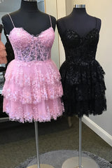 Misshow Sparkly Pink Corset Top Spaghetti Straps A-Line Lace Short Homecoming Dress/Mini Dress