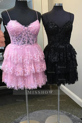 Misshow Sparkly Pink Corset Top Spaghetti Straps A-Line Lace Short Homecoming Dress/Mini Dress