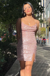 Misshow Sparkly Pink Sequin Tight Short Homecoming Dress/Mini Dress with Slit