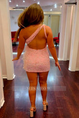 Misshow Sparkly Pink Sequined Backless Tight Homecoming Dress/Mini Dress with Feathers