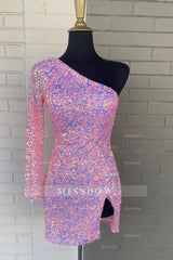 Misshow Sparkly Pink Sequined One Shoulder One Sleeve Tight Short Homecoming Dress/Mini Dress with Slit
