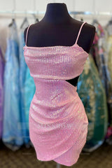 Misshow Sparkly Pink Sequins Cut Out Tight Short Homecoming Dress/Mini Dress