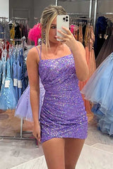 Misshow Sparkly Pink Sequins Spaghetti Straps Sleeveless Tight Short Homecoming Dress/Mini Dress
