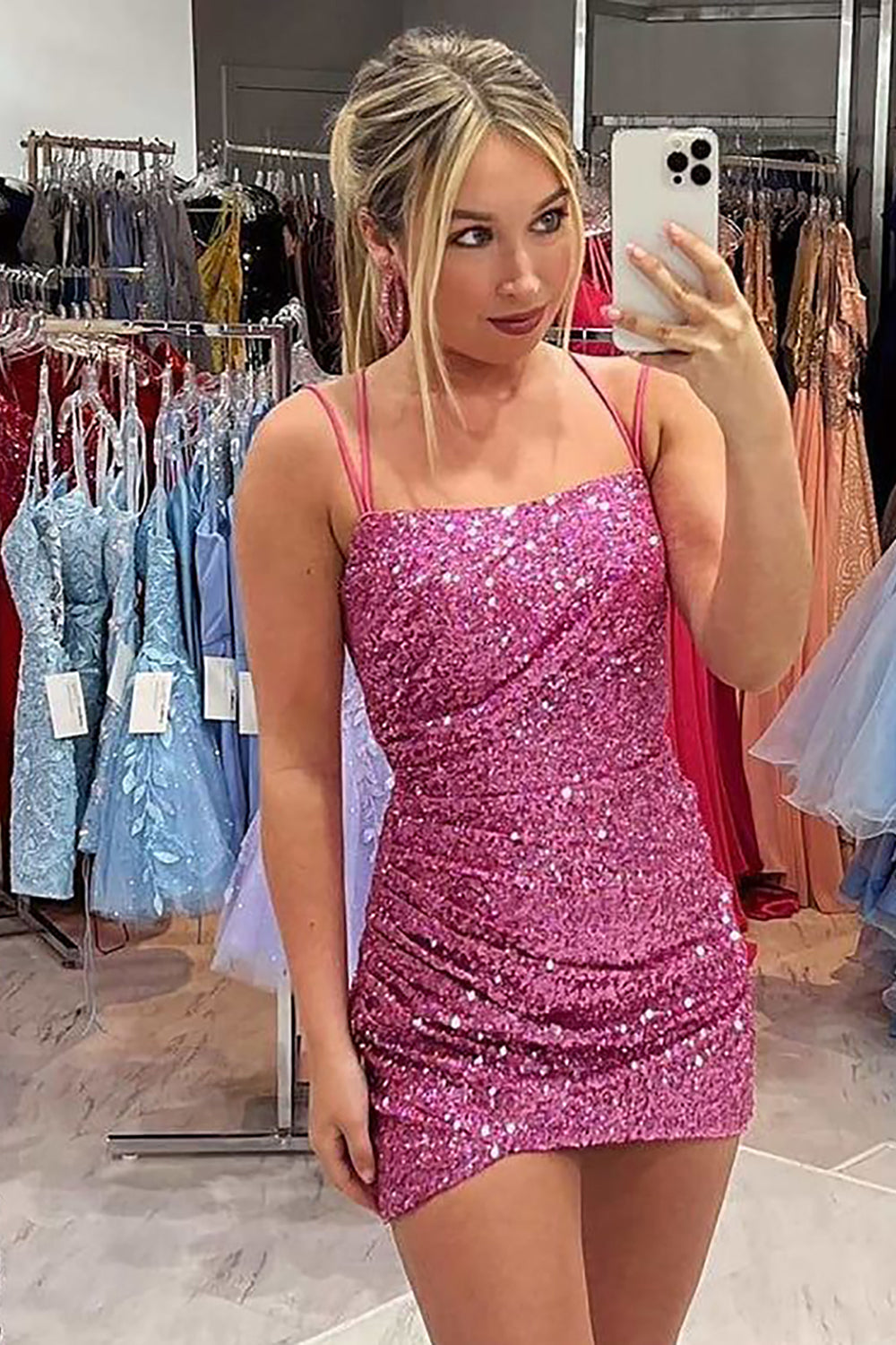 Misshow Sparkly Pink Sequins Spaghetti Straps Sleeveless Tight Short Homecoming Dress/Mini Dress