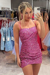 Misshow Sparkly Pink Sequins Spaghetti Straps Sleeveless Tight Short Homecoming Dress/Mini Dress