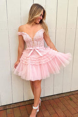 Misshow Sparkly Pink Tiered A-Line Tulle Short Homecoming Dress/Mini Dress with Lace