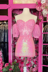 Misshow Sparkly Pink Tight Corset Sequined Short Homecoming Dress/Mini Dress with Lace