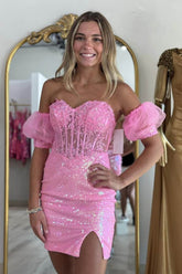 Misshow Sparkly Pink Tight Corset Sequined Short Homecoming Dress/Mini Dress with Lace