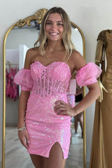 Misshow Sparkly Pink Tight Corset Sequined Short Homecoming Dress/Mini Dress with Lace