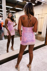 Misshow Sparkly Pink Tight Short Sequins Homecoming Dress/Mini Dress with Slit