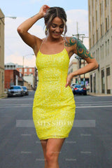 Misshow Sparkly Pink Tight Yellow Sequins Homecoming Dress/Mini Dress