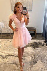 Misshow Sparkly Pink V-Neck A-Line Short Hoco Dress with Feathers