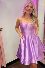 Misshow Sparkly Purple Beaded A-Line Lace-Up Back Short Homecoming Dress/Mini Dress with Pockets