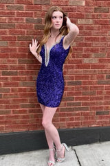 Misshow Sparkly Purple Beaded Backless Sequins Tight Short Homecoming Dress/Mini Dress