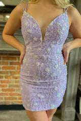 Misshow Sparkly Purple Beaded Lace-Up Back Tight Short Homecoming Dress/Mini Dress