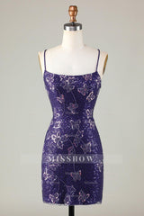 Misshow Sparkly Purple Butterflies Beaded Sequins Tight Short Homecoming Dress/Mini Dress