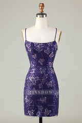Misshow Sparkly Purple Butterflies Tight Beaded Sequins Short Homecoming Dress/Mini Dress