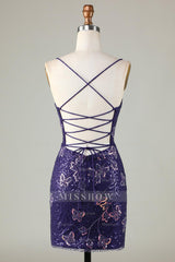 Misshow Sparkly Purple Butterflies Tight Beaded Sequins Short Homecoming Dress/Mini Dress