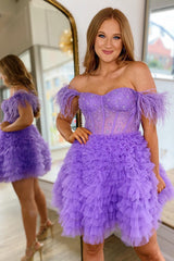 Misshow Sparkly Purple Corset A-Line Short Homecoming Dress/Mini Dress with Feathers