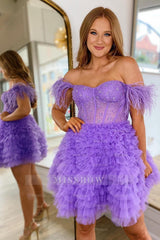 Misshow Sparkly Purple Corset A-Line Short Homecoming Dress/Mini Dress with Feathers