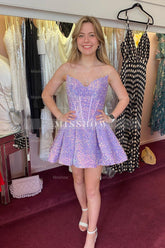 Misshow Sparkly Purple Corset Sequined A-Line Short Homecoming Dress/Mini Dress
