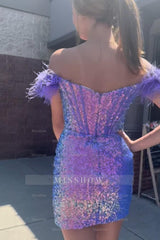 Misshow Sparkly Purple Corset Tight Sequins Short Homecoming Dress/Mini Dress with Feathers