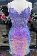 Misshow Sparkly Purple Corset Tight Short Homecoming Dress/Mini Dress with Lace