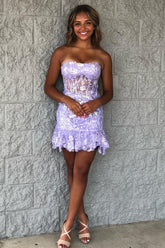 Misshow Sparkly Purple Corset Tight Short Lace Homecoming Dress/Mini Dress