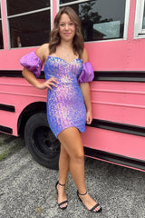 Misshow Sparkly Purple Detachable Short Sleeves Tight Short Sequins Homecoming Dress/Mini Dress
