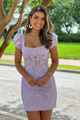 Misshow Sparkly Purple Lace Corset Tight Short Homecoming Dress/Mini Dress with Appliques