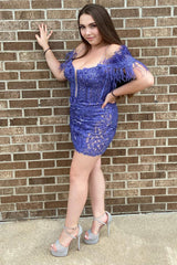 Misshow Sparkly Purple Lace Tight Short Homecoming Dress/Mini Dress with Feathers
