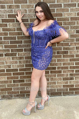 Misshow Sparkly Purple Lace Tight Short Homecoming Dress/Mini Dress with Feathers