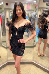 Misshow Sparkly Purple Lace Tight Short Homecoming Dress/Mini Dress with Feathers